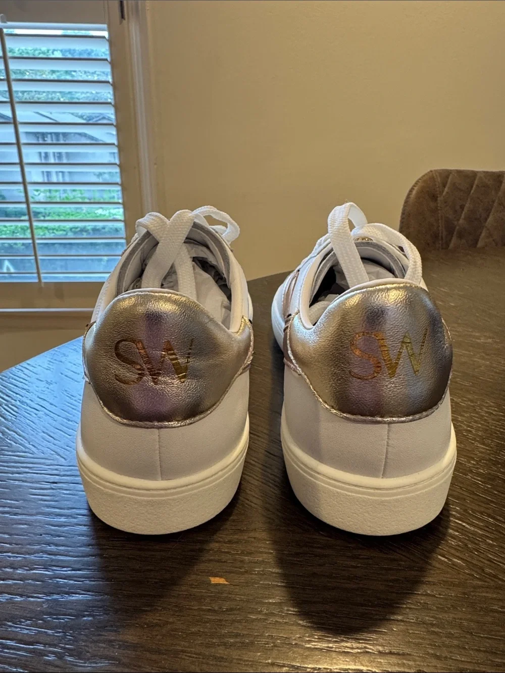 Stuart Weitzman White Sneakers with Metallic Rose Gold and Silver Accents